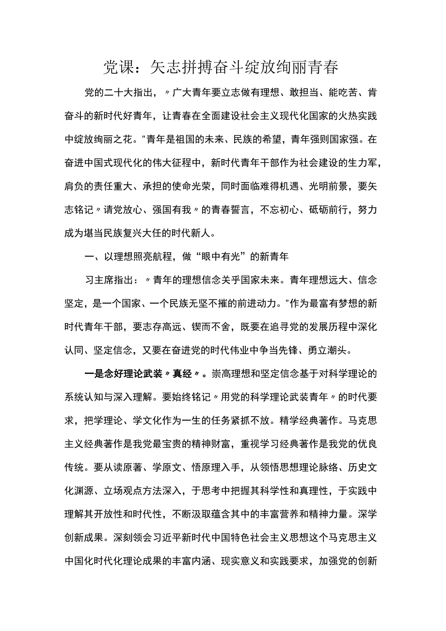 党课：矢志拼搏奋斗绽放绚丽青春.docx_第1页