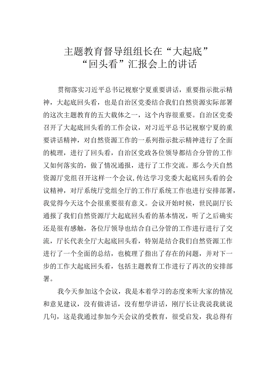 主题教育督导组组长在“大起底”“回头看”汇报会上的讲话.docx_第1页