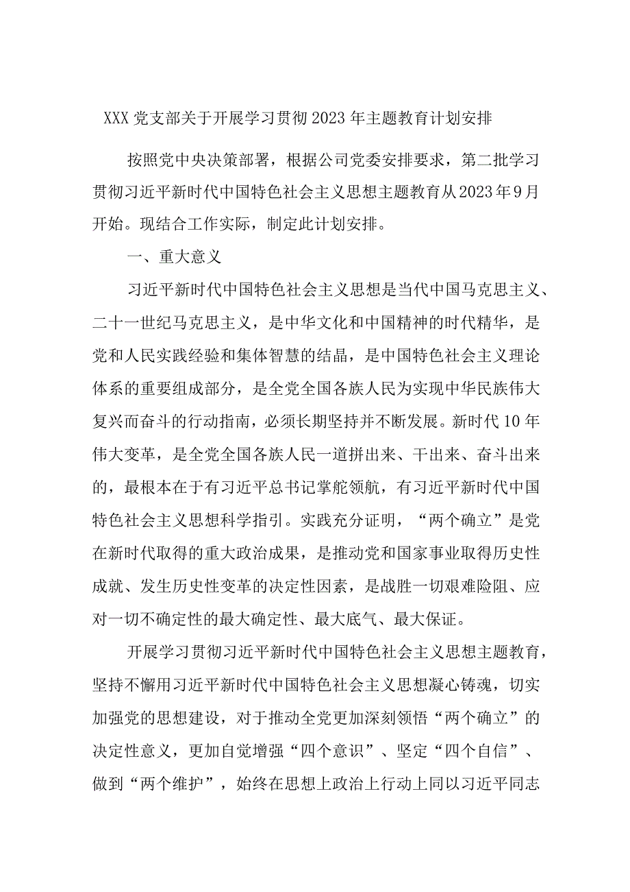 XXX党支部关于开展学习贯彻2023年主题教育计划安排.docx_第1页