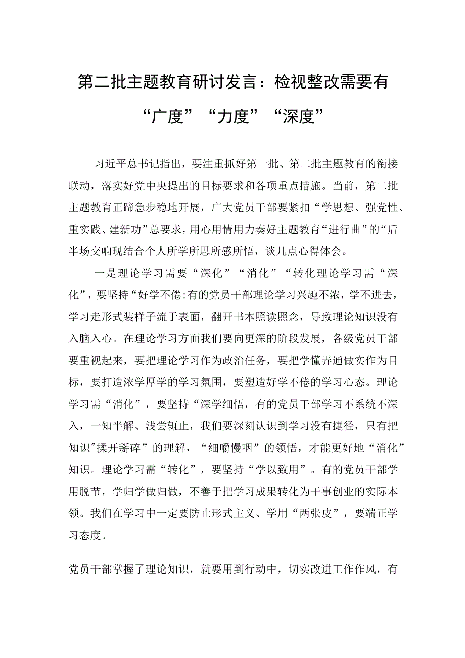 2023年第二批主题教育研讨发言：检视整改需要有“广度”“力度”“深度”.docx_第1页