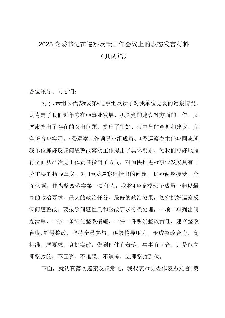 2023党委书记在巡察反馈工作会议上的表态发言材料（共两篇）.docx_第1页