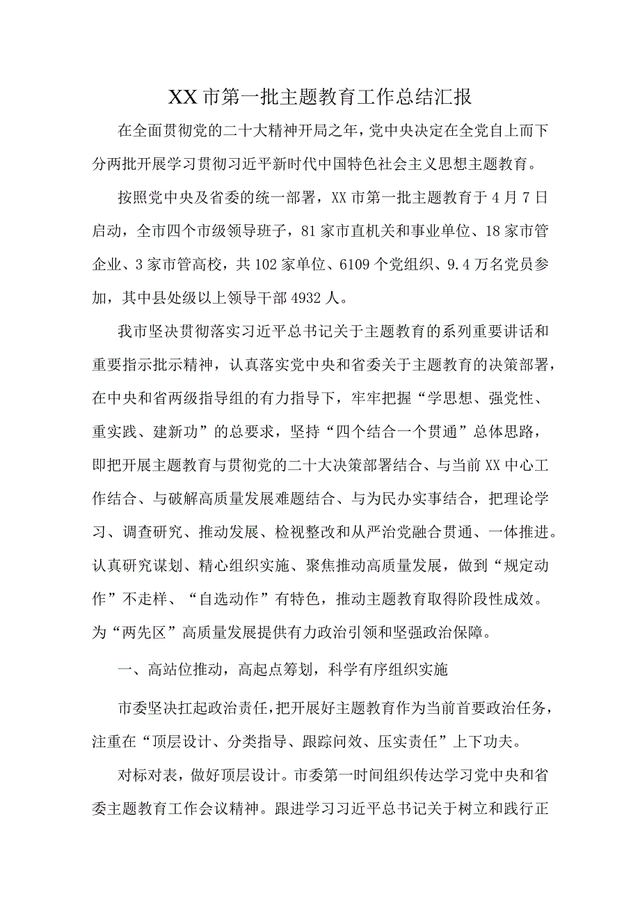 XX市第一批主题教育工作总结汇报.docx_第1页