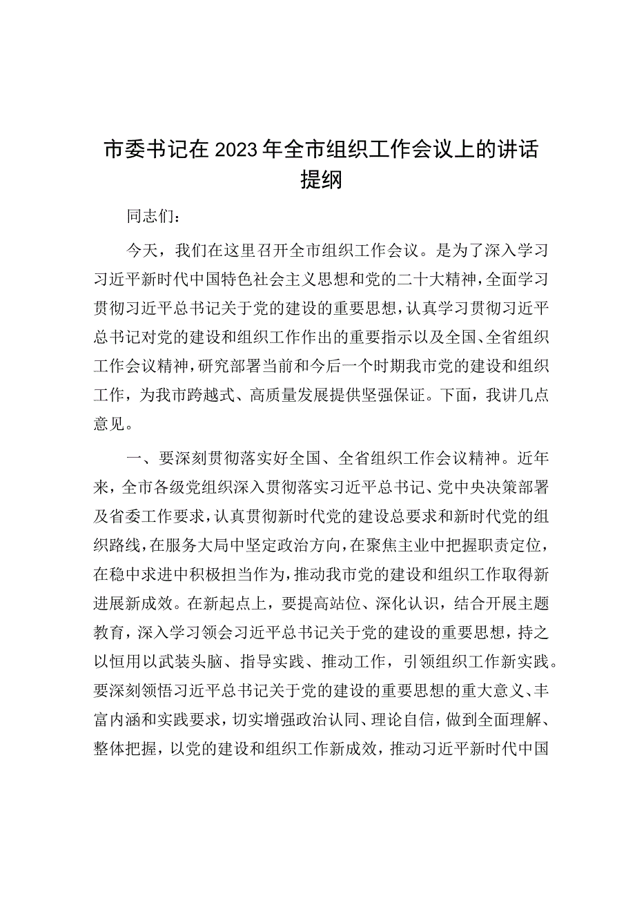 在2023年全市组织工作会议上的讲话提纲（市委书记）.docx_第1页