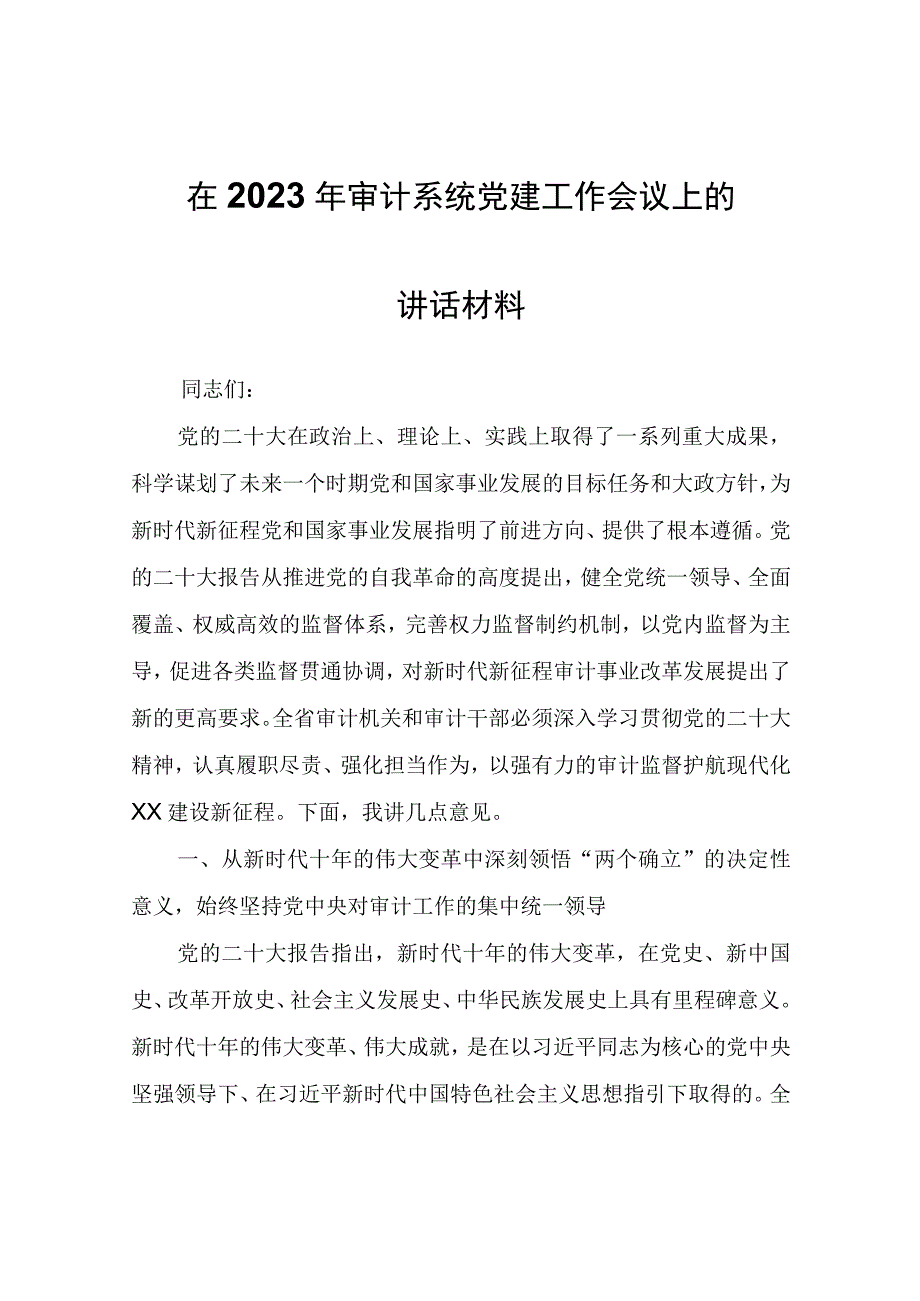 在2023年审计系统党建工作会议上的讲话材料.docx_第1页