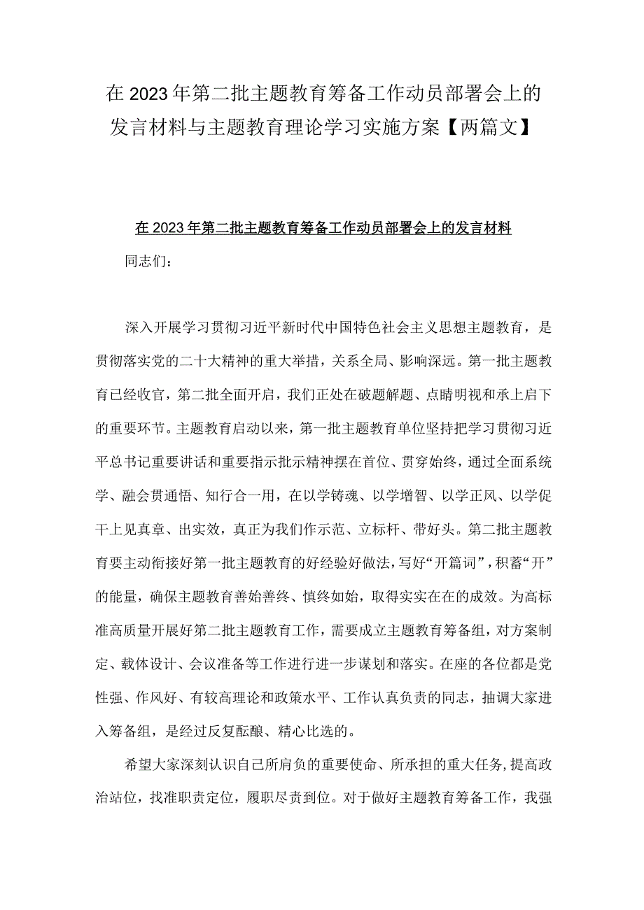 在2023年第二批主题教育筹备工作动员部署会上的发言材料与主题教育理论学习实施方案【两篇文】.docx_第1页