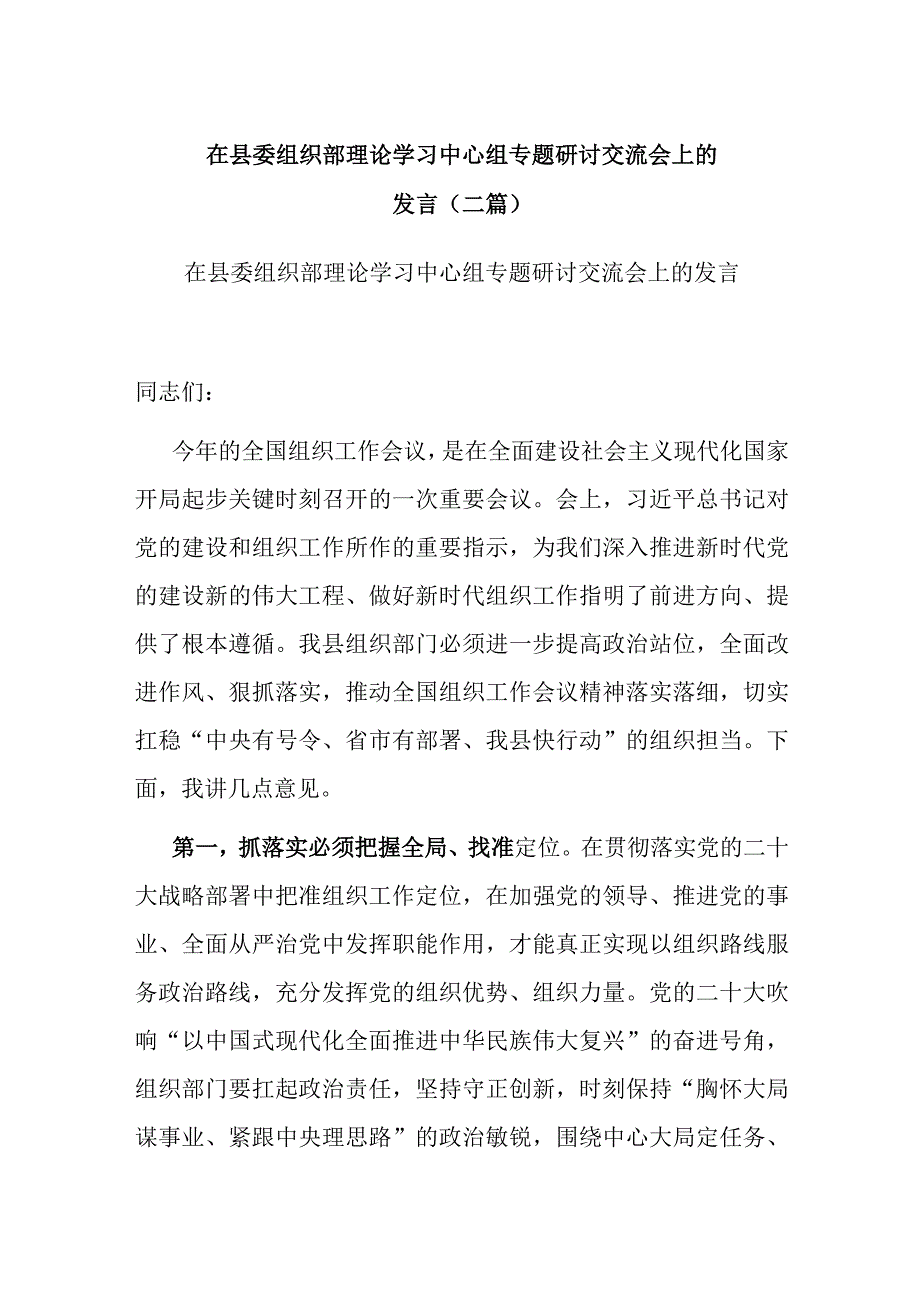 在县委组织部理论学习中心组专题研讨交流会上的发言(二篇).docx_第1页