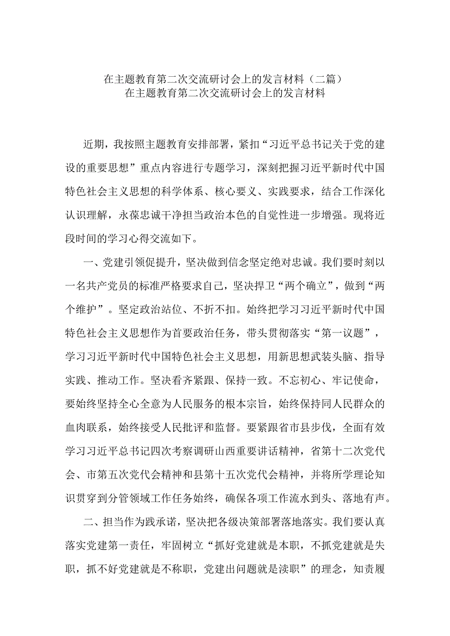 在主题教育第二次交流研讨会上的发言材料(二篇).docx_第1页