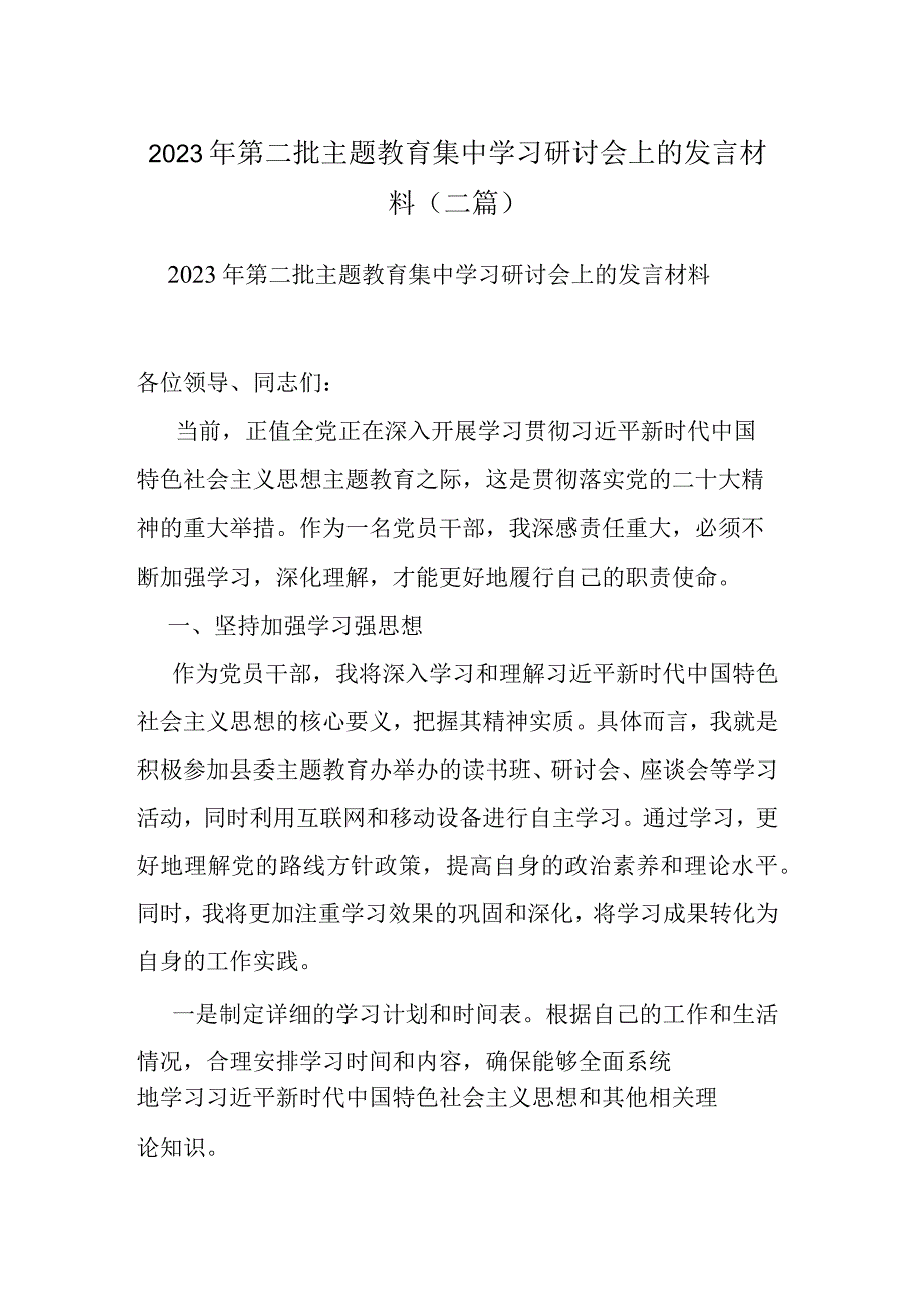 2023年第二批主题教育集中学习研讨会上的发言材料(二篇).docx_第1页