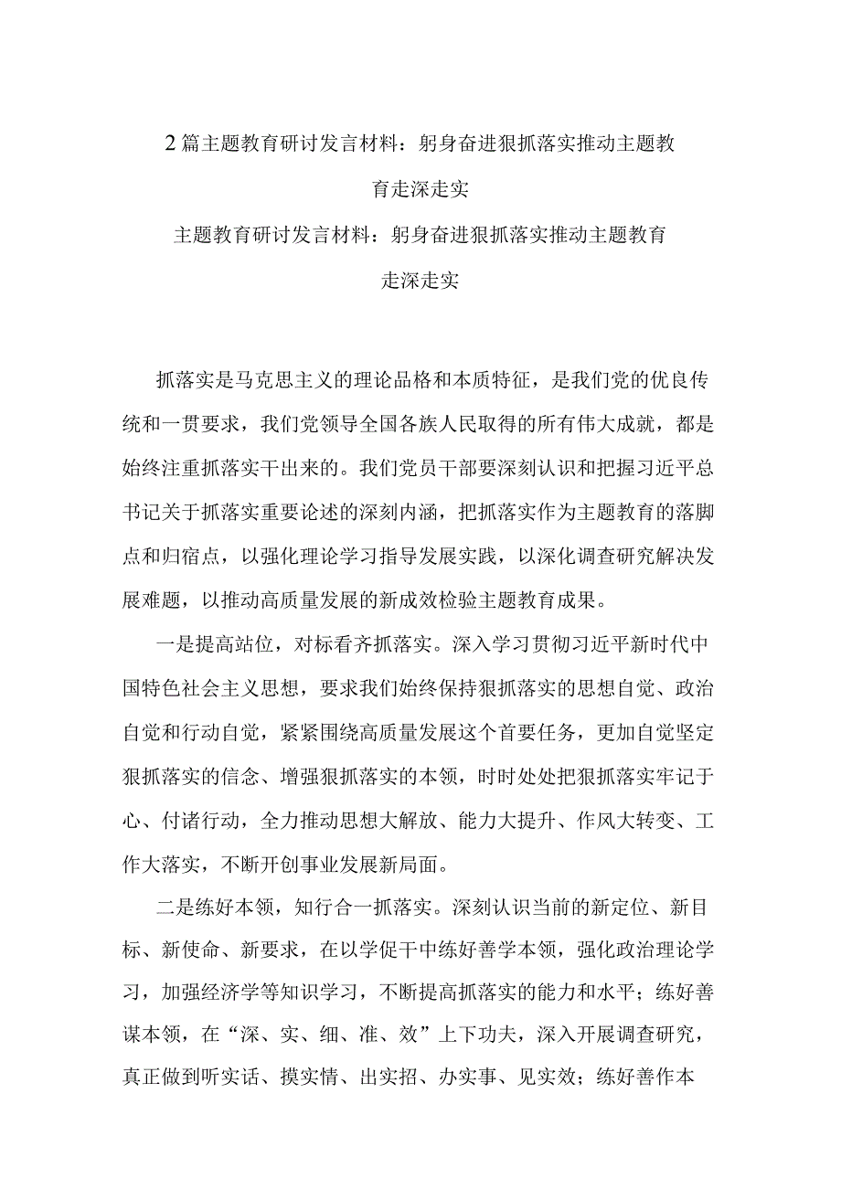 2篇主题教育研讨发言材料：躬身奋进狠抓落实推动主题教育走深走实.docx_第1页