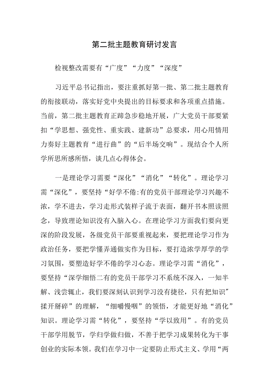 第二批主题教育研讨发言参考范文.docx_第1页