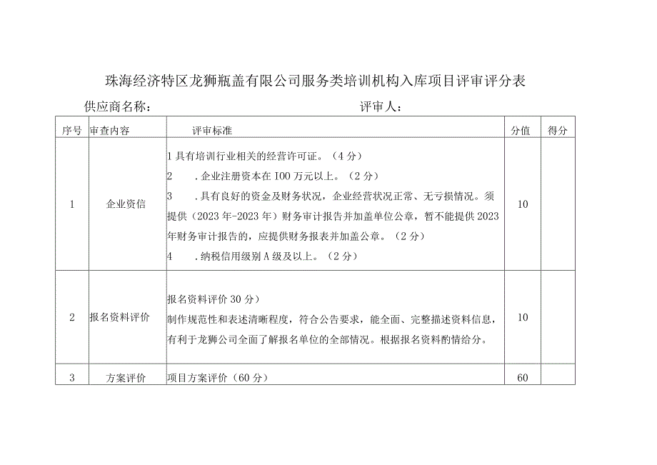 珠海经济特区龙狮瓶盖有限公司服务类培训机构入库项目评审评分表.docx_第1页