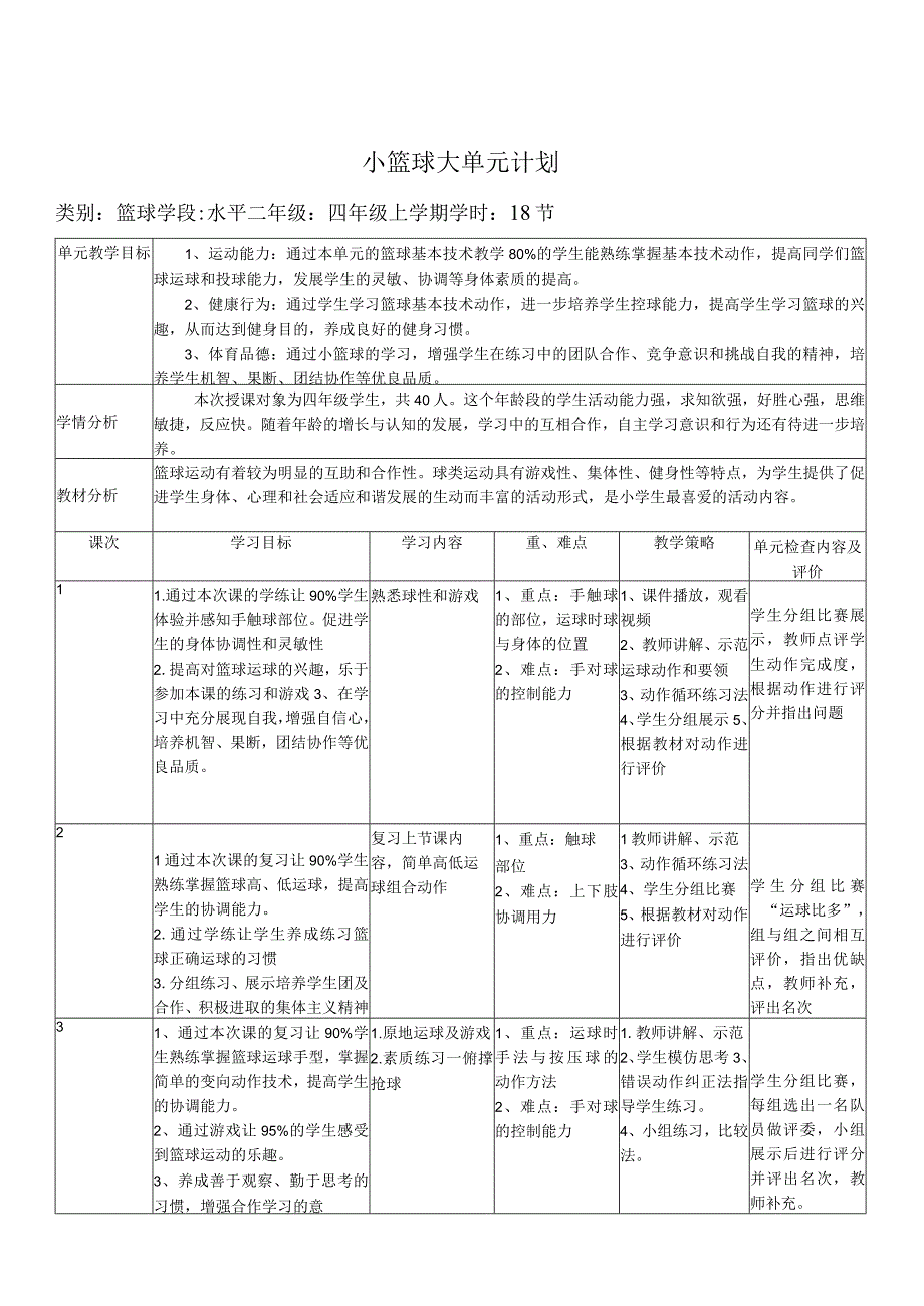 水平二（四年级）体育《小篮球行进间运球》教学设计及教案（附《篮球》大单元教学计划18课时）.docx_第1页