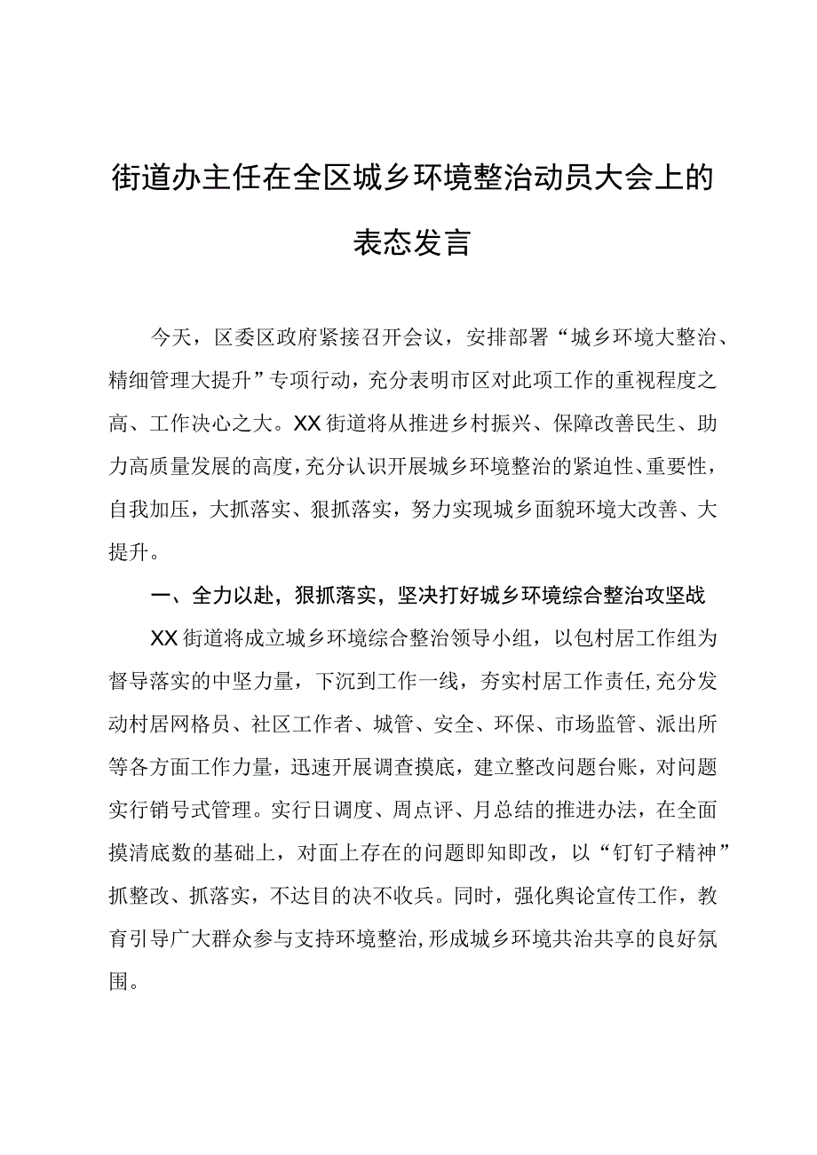 街道办主任在全区城乡环境整治动员大会上的表态发言.docx_第1页