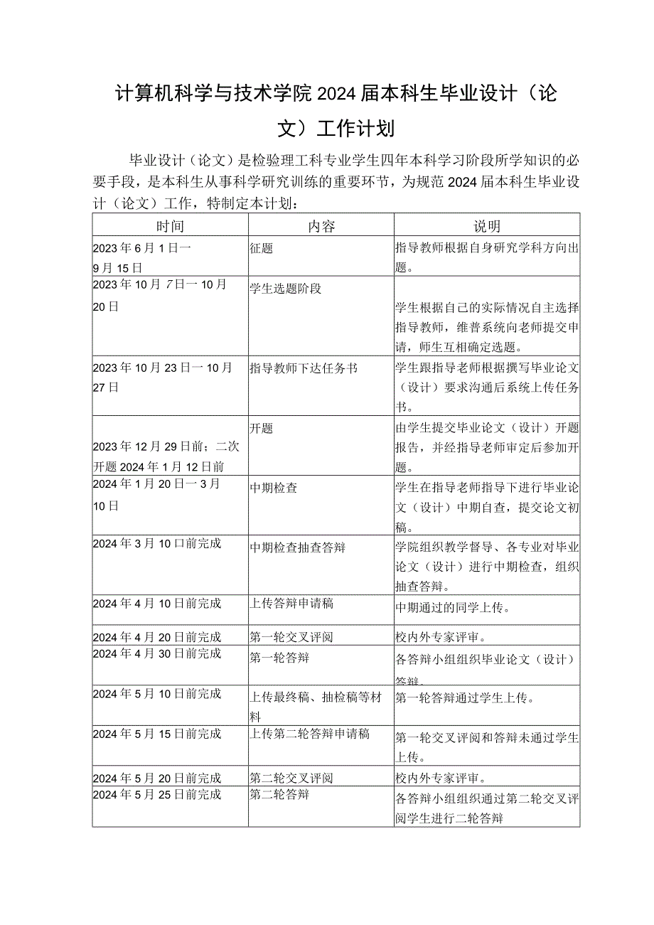 计算机科学与技术学院2024届本科生毕业设计论文工作计划.docx_第1页