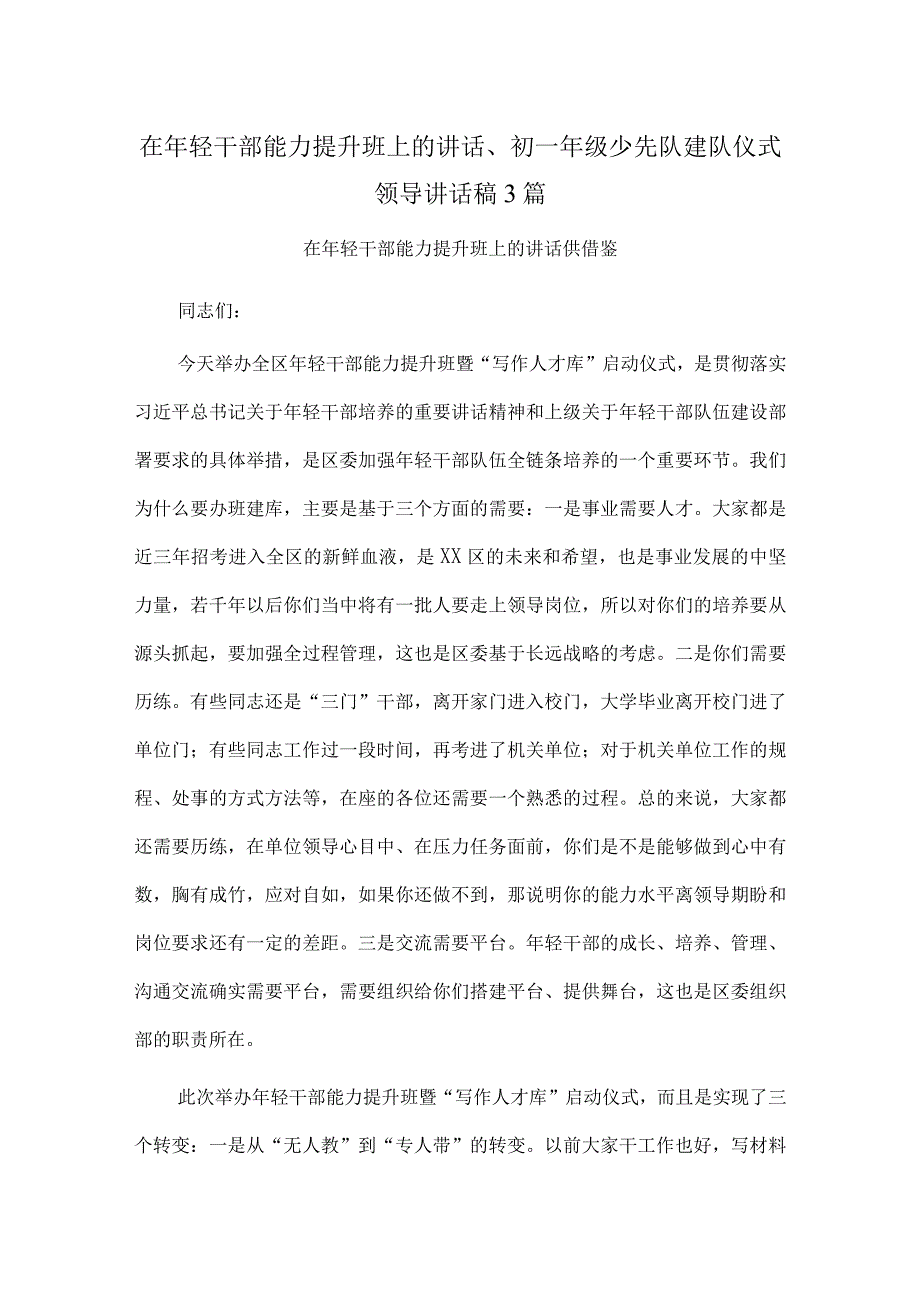 在年轻干部能力提升班上的讲话、初一年级少先队建队仪式领导讲话稿3篇.docx_第1页