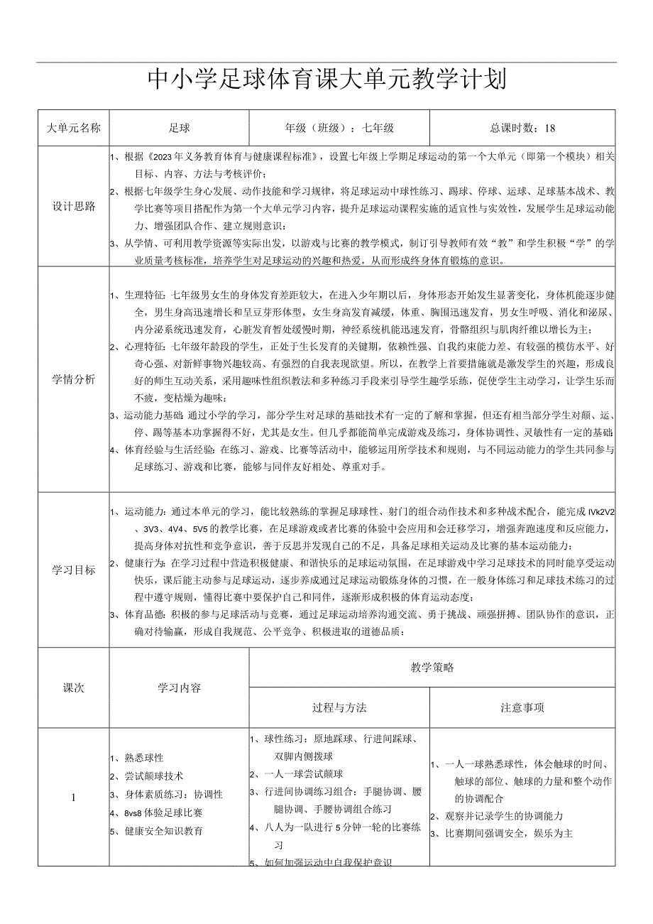 水平四（七年级）体育《足球》大单元教学计划（18课时）.docx_第1页