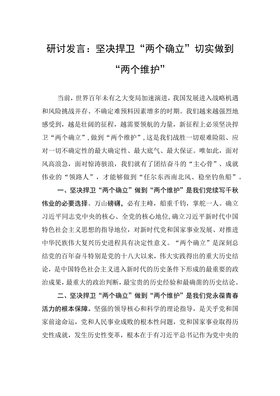 研讨发言：坚决捍卫“两个确立”+切实做到“两个维护”.docx_第1页