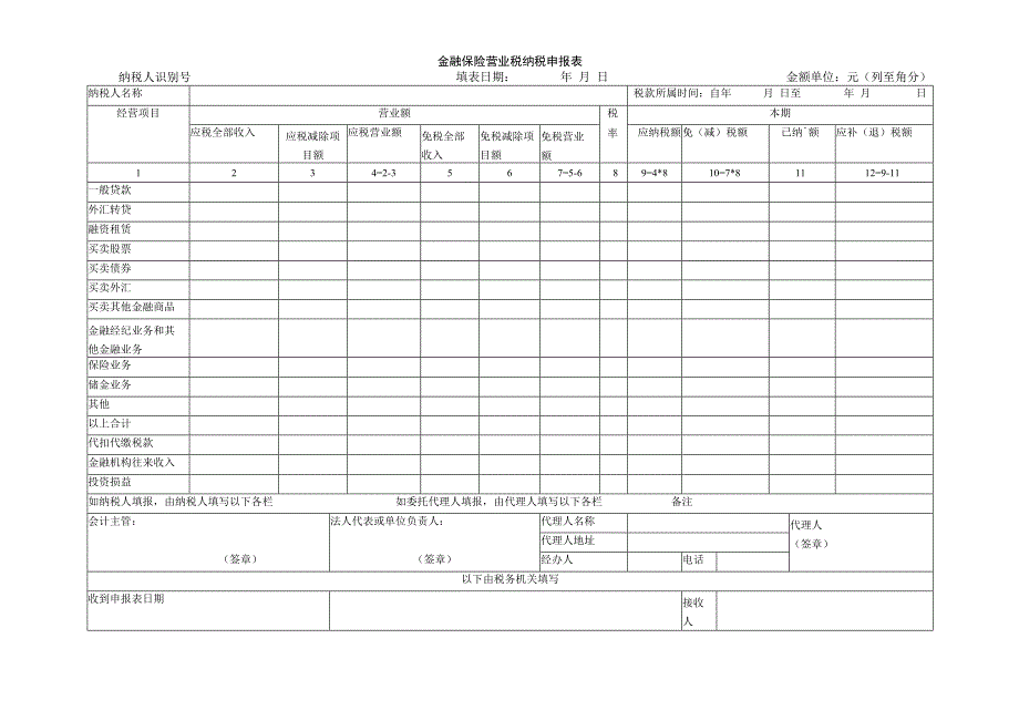 金融保险营业税纳税申报表纳税人识别号填表日期年月日金额单位元列至角分.docx_第1页