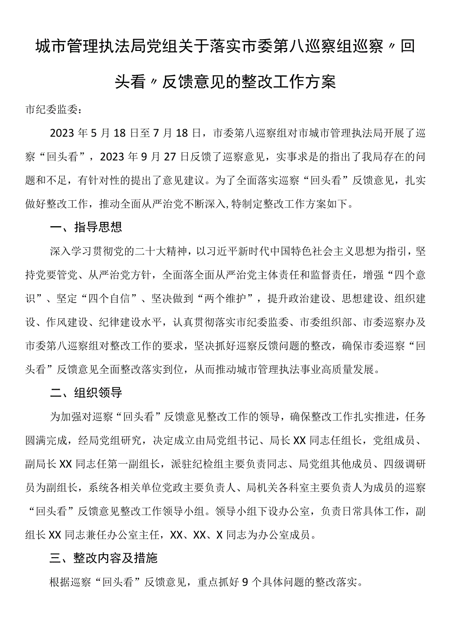 城市管理执法局党组关于落实市委第八巡察组巡察“回头看”反馈意见的整改工作方案.docx_第1页