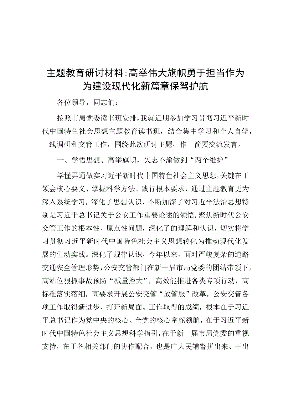 研讨发言：高举伟大旗帜 勇于担当作为为建设现代化新篇章保驾护航（主题教育）.docx_第1页