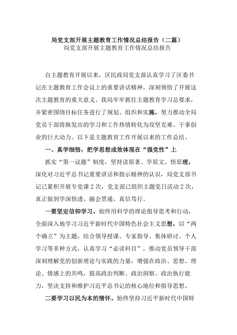 局党支部开展主题教育工作情况总结报告(二篇).docx_第1页