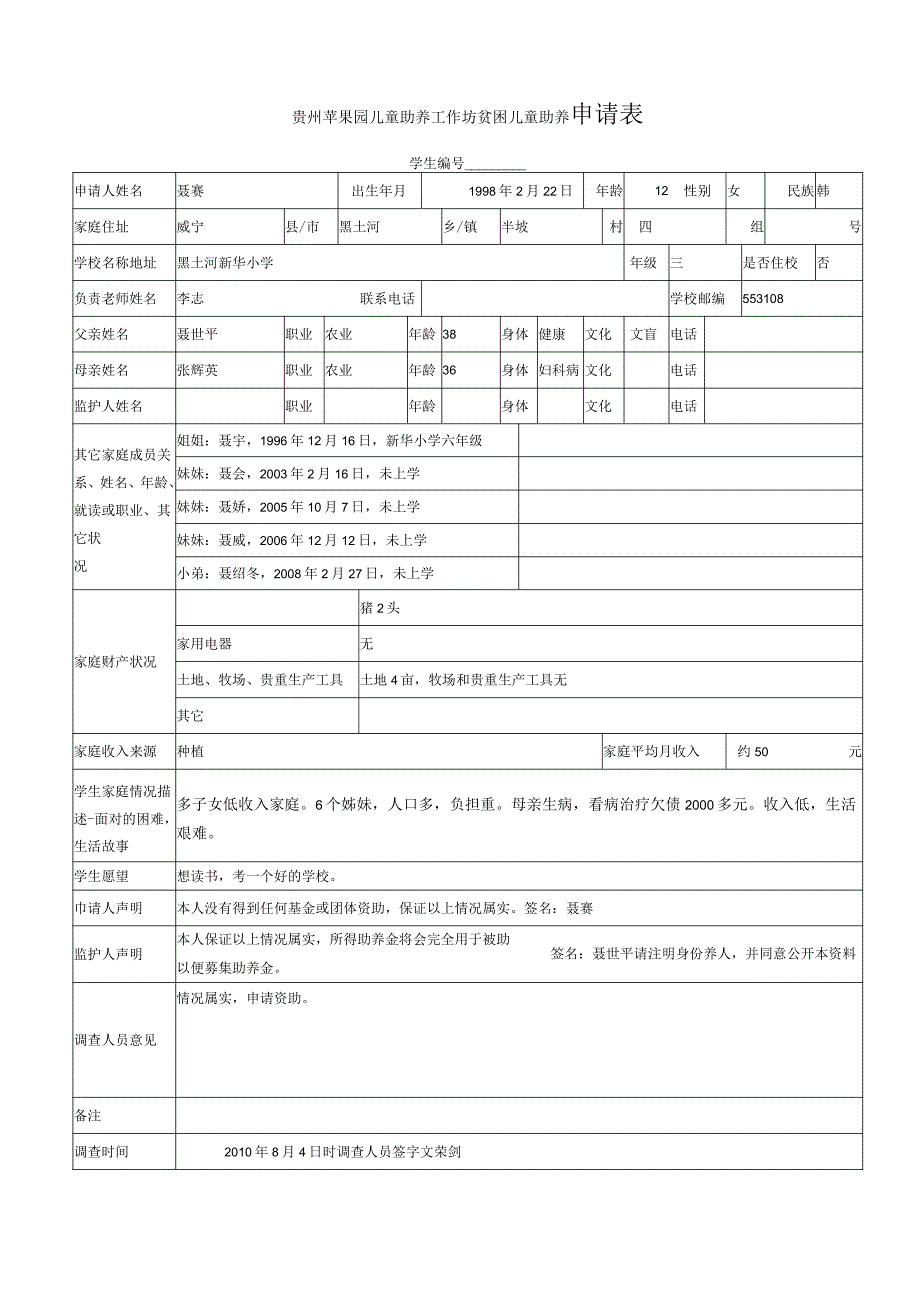 贵州苹果园儿童助养工作坊贫困儿童助养申请表.docx_第1页