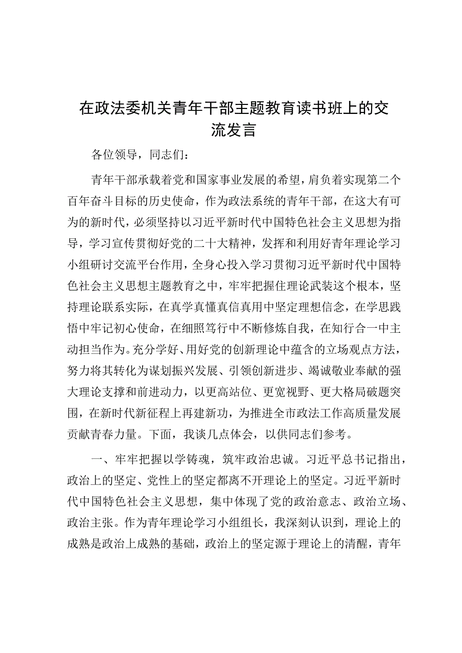 研讨发言：政法委机关青年干部主题教育读书班交流发言.docx_第1页