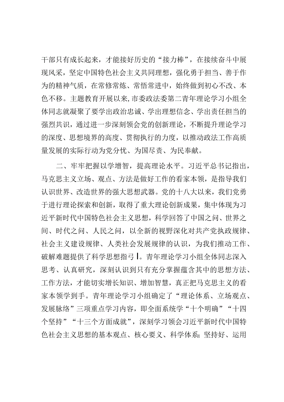 研讨发言：政法委机关青年干部主题教育读书班交流发言.docx_第2页