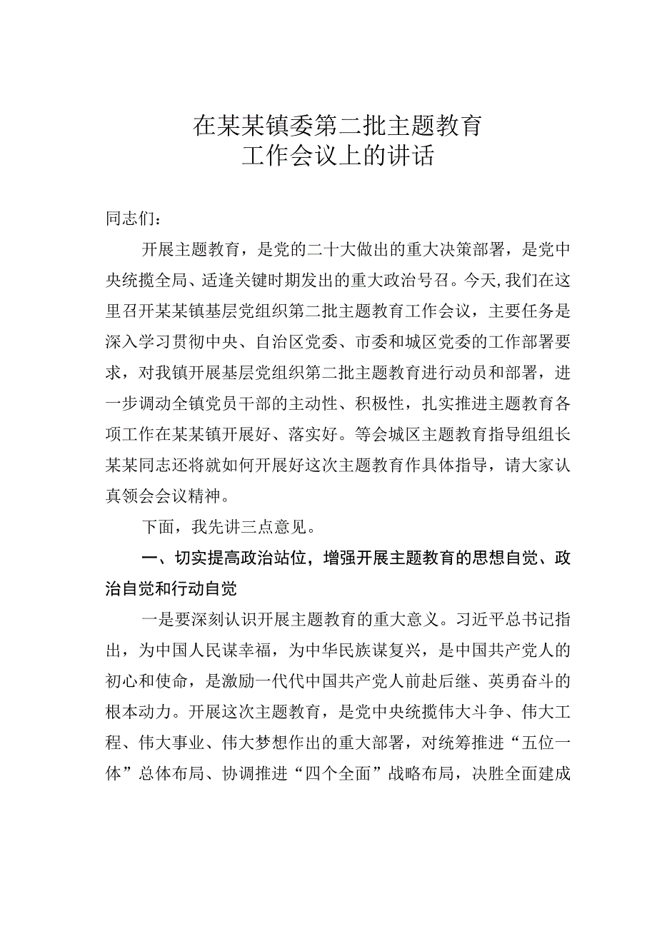 在某某镇委第二批主题教育工作会议上的讲话.docx_第1页