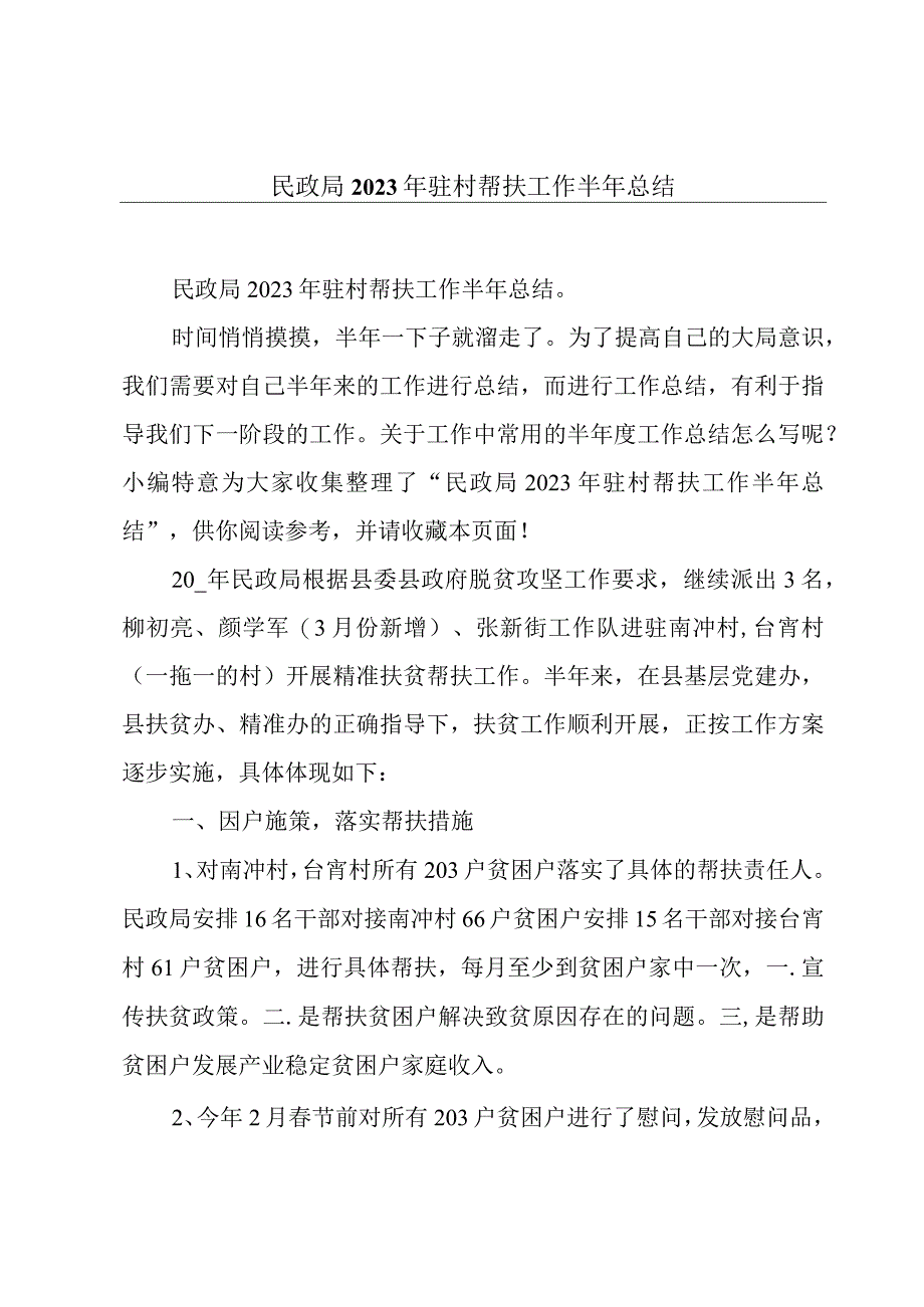 民政局2020年驻村帮扶工作半年总结.docx_第1页