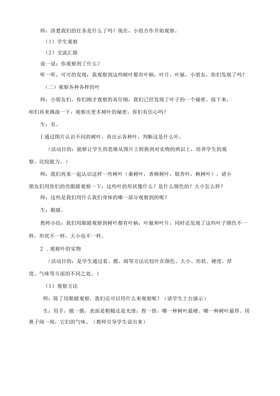 最新教科版一年级科学上册《观察叶》教案.docx_第3页