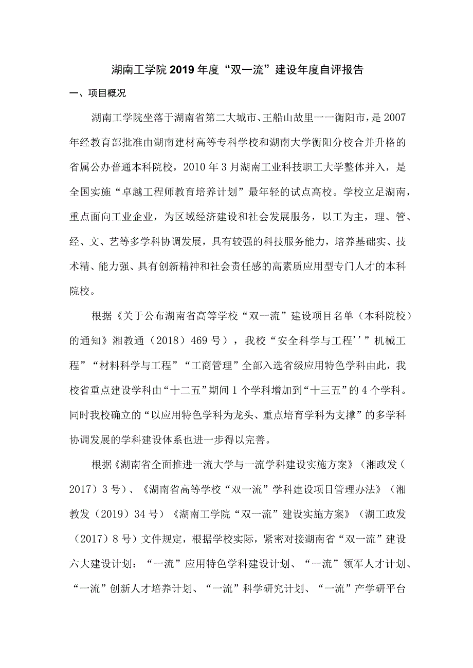 湖南工学院2019年度“双一流”建设年度自评报告.docx_第1页