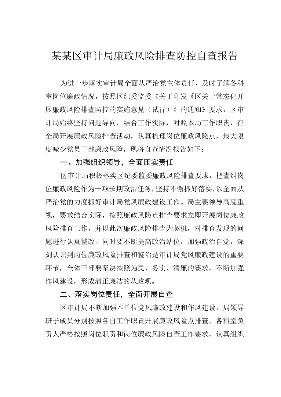 某某区审计局廉政风险排查防控自查报告.docx_第1页