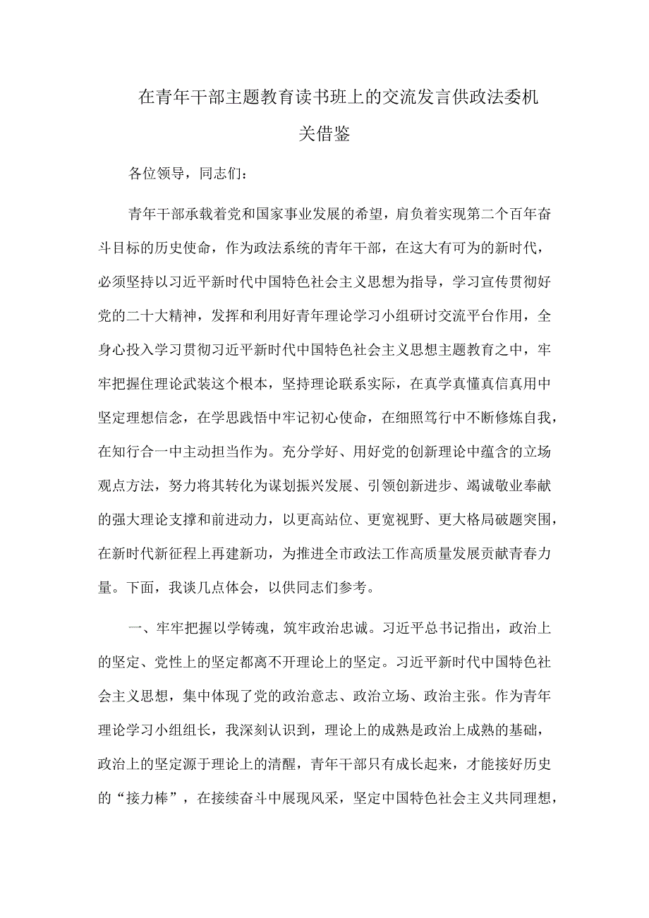 在青年干部主题教育读书班上的交流发言供政法委机关借鉴.docx_第1页