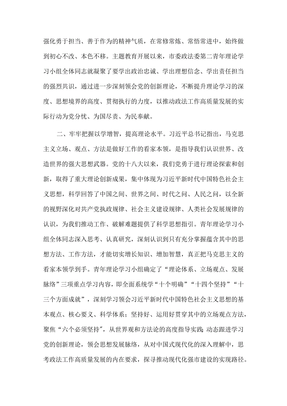 在青年干部主题教育读书班上的交流发言供政法委机关借鉴.docx_第2页