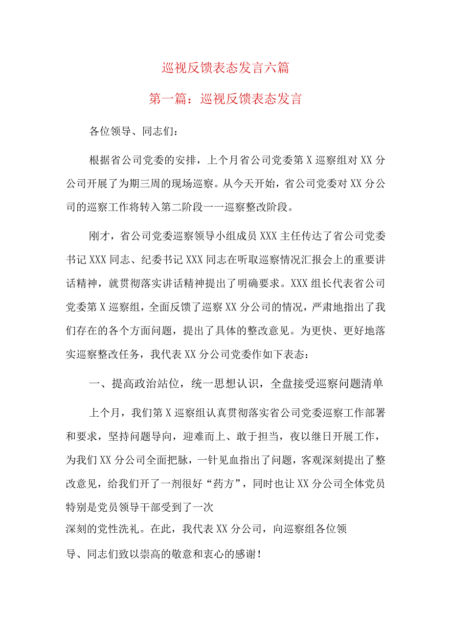 巡视反馈表态发言六篇.docx_第1页