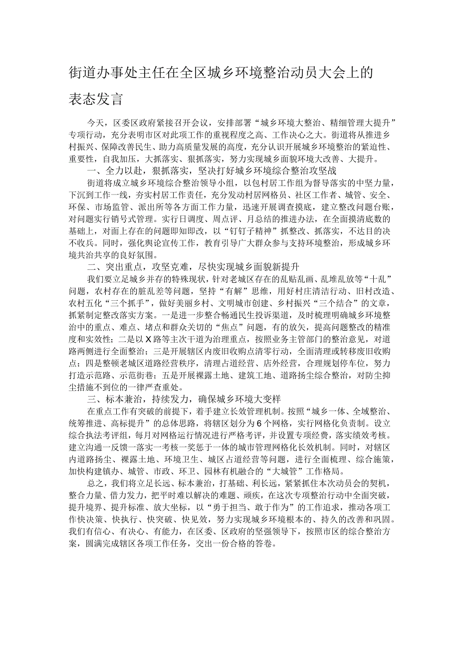 街道办事处主任在全区城乡环境整治动员大会上的表态发言.docx_第1页