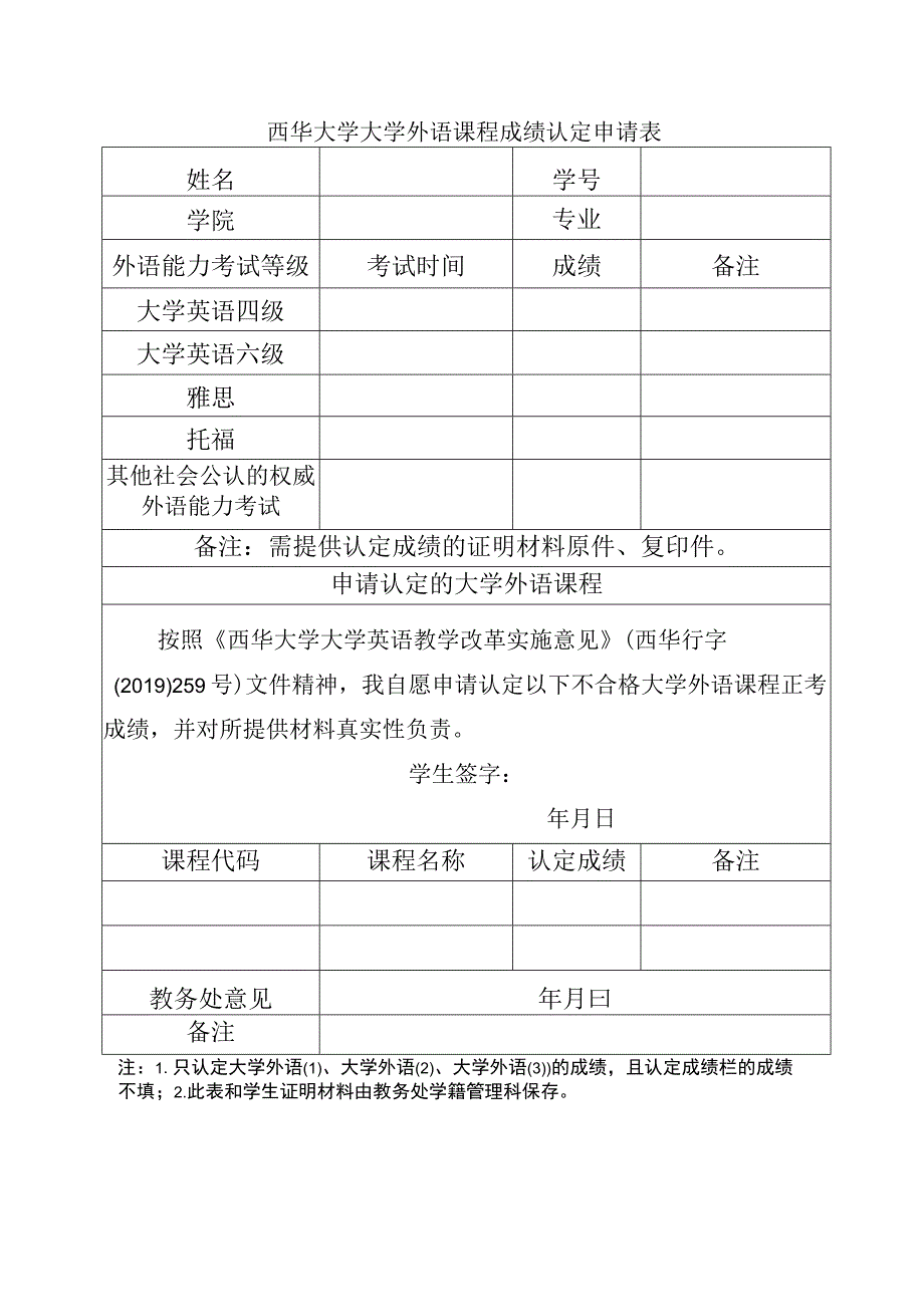 西华大学大学外语课程成绩认定申请表.docx_第1页