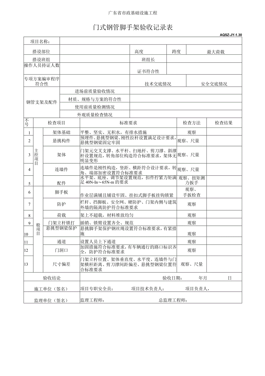 门式钢管脚手架验收记录表.docx_第1页