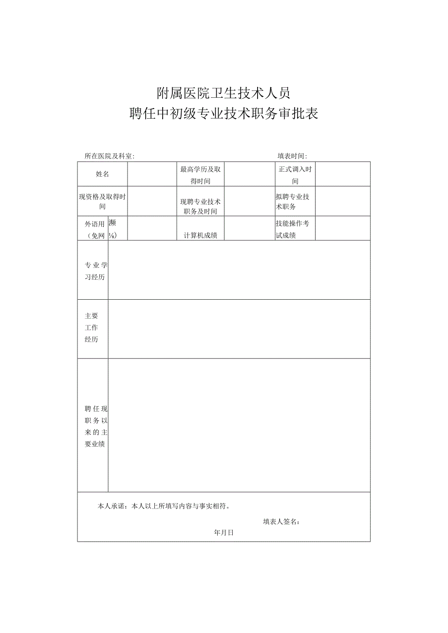 附属医院卫生技术人员聘任中初级专业技术职务审批表.docx_第1页