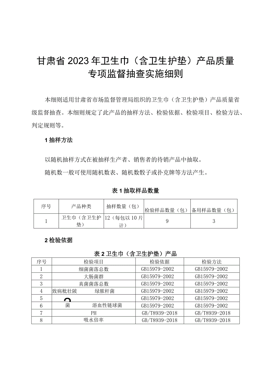 甘肃省2022年卫生巾含卫生护垫产品质量专项监督抽查实施细则.docx_第1页