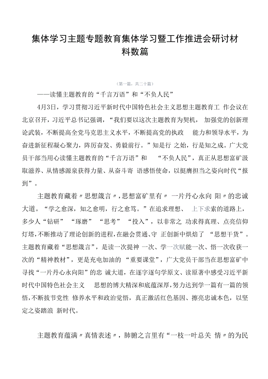 集体学习主题专题教育集体学习暨工作推进会研讨材料数篇.docx_第1页