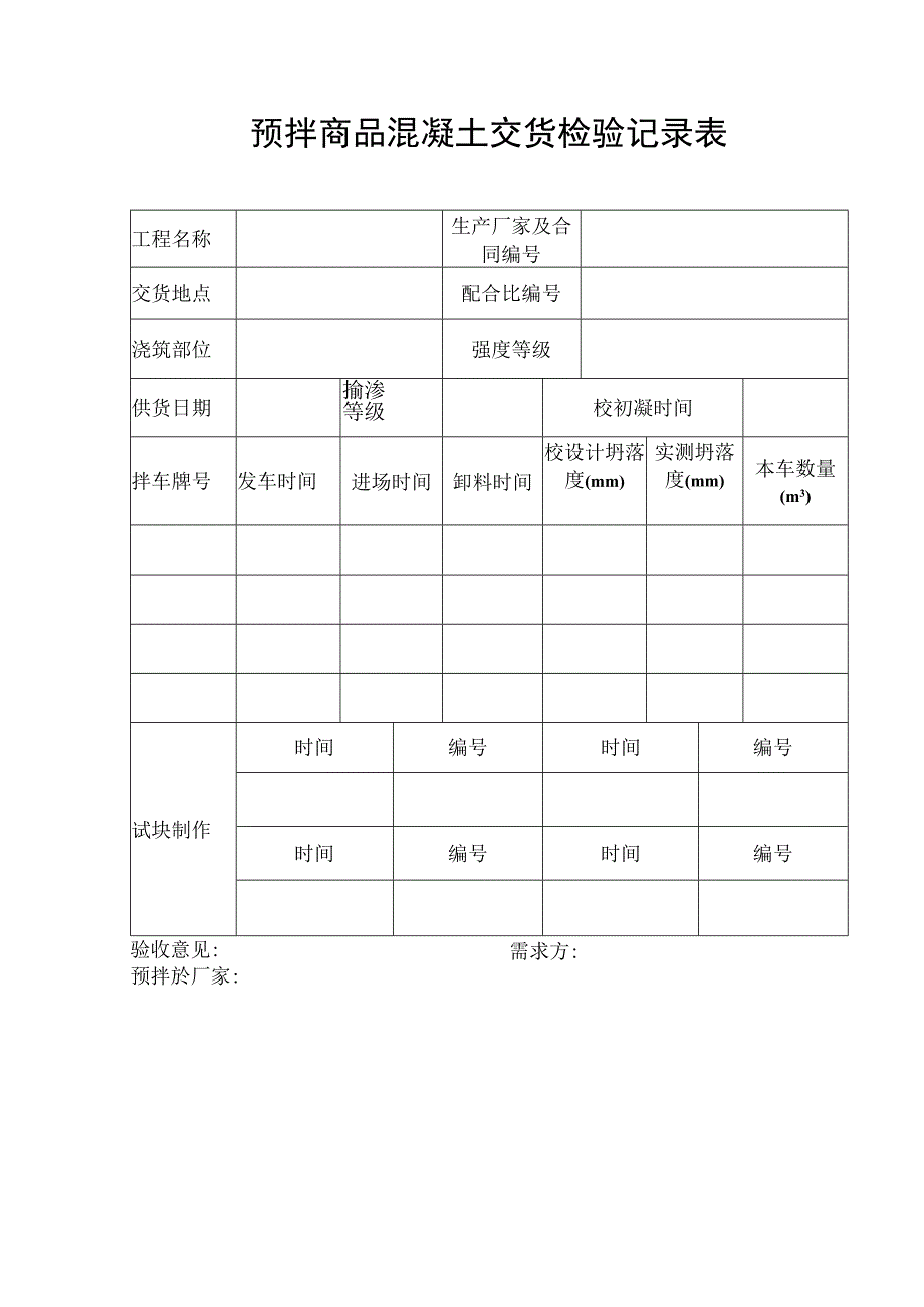 预拌商品混凝土交货检验记录表.docx_第1页