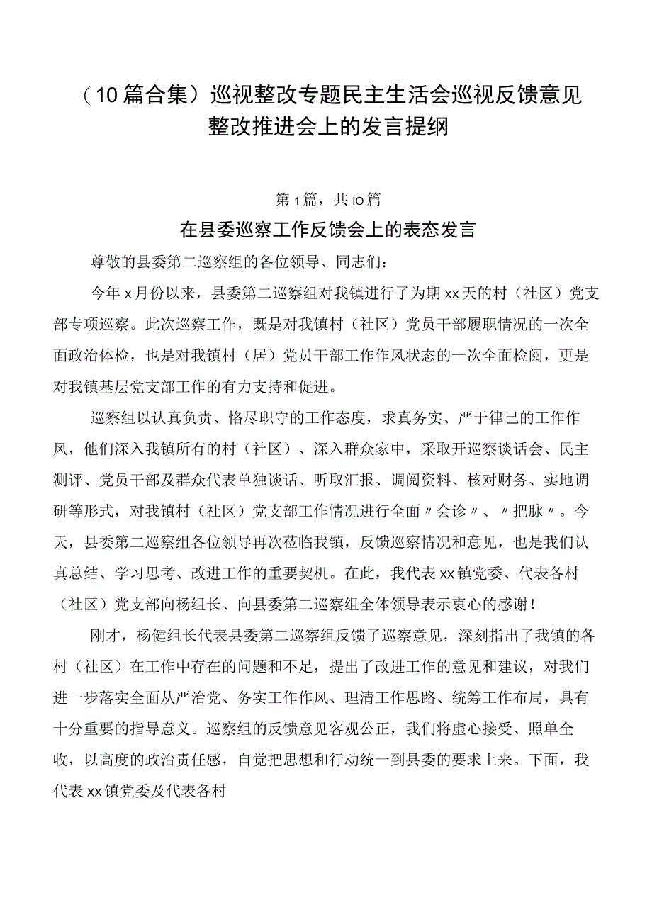 （10篇合集）巡视整改专题民主生活会巡视反馈意见整改推进会上的发言提纲.docx_第1页