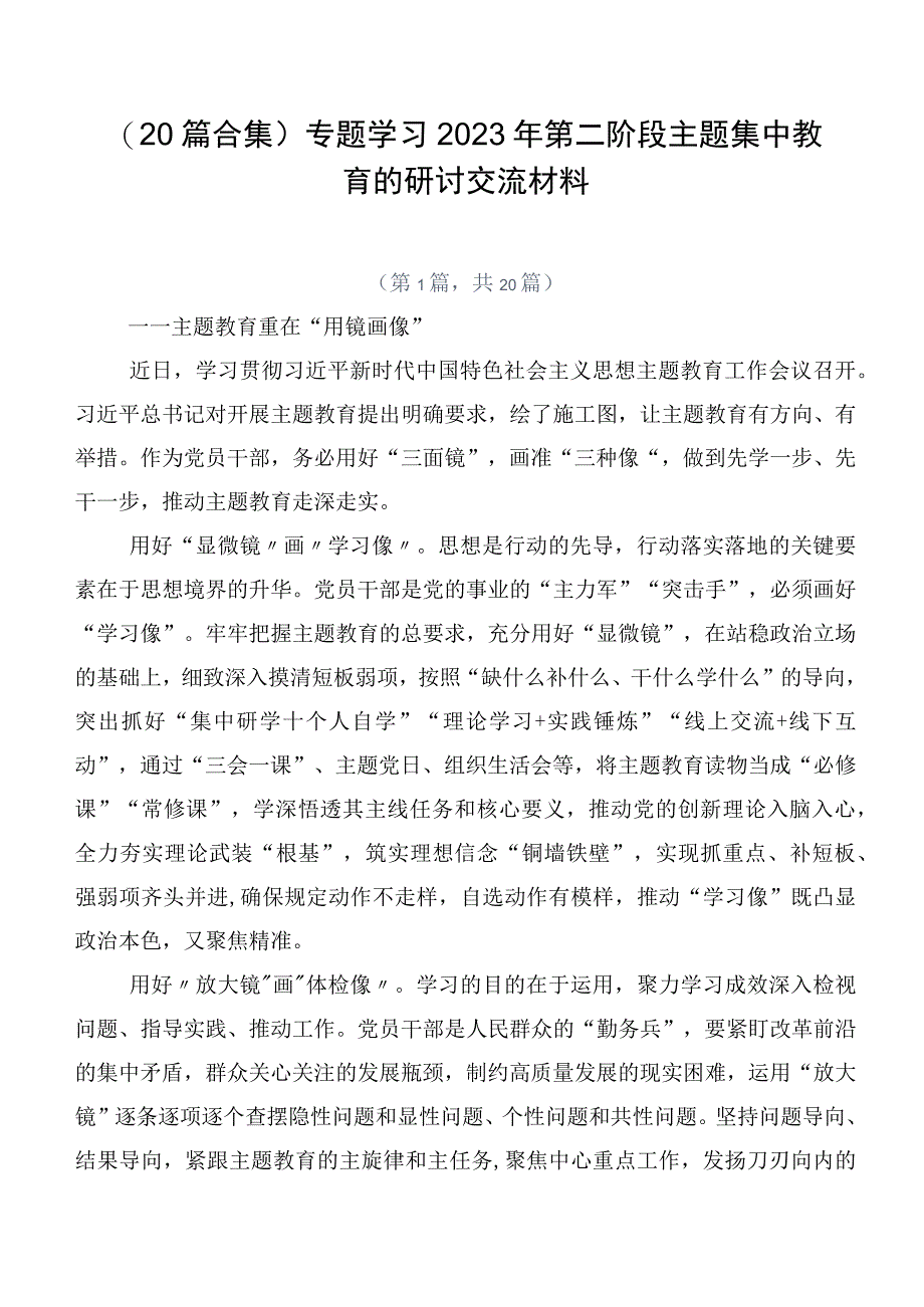 （20篇合集）专题学习2023年第二阶段主题集中教育的研讨交流材料.docx_第1页