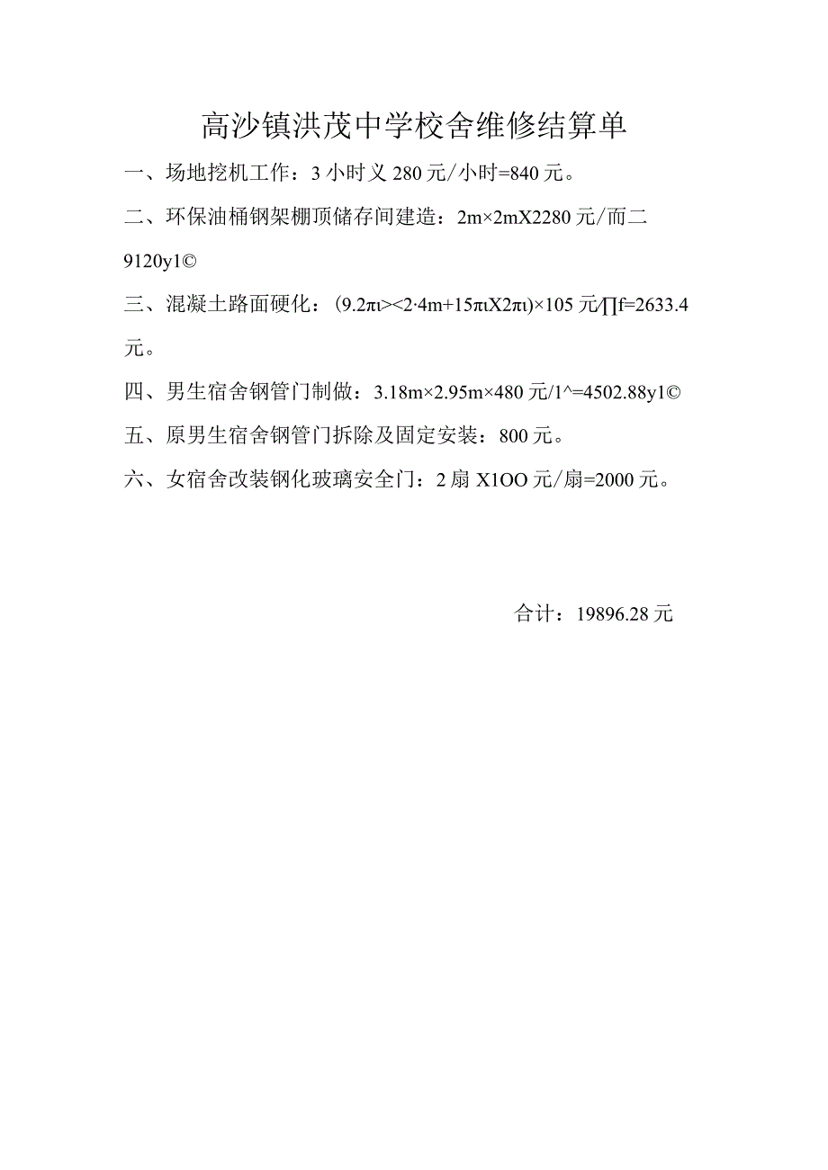 高沙镇洪茂中学校舍维修结算单.docx_第1页