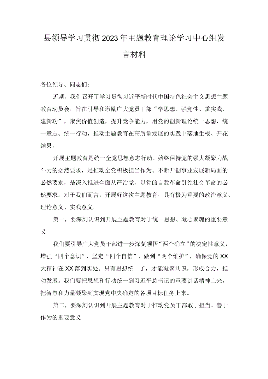 （2篇）领导干部2023年主题教育理论学习中心组发言材料+主题教育读书班上的研讨交流发言材料.docx_第1页