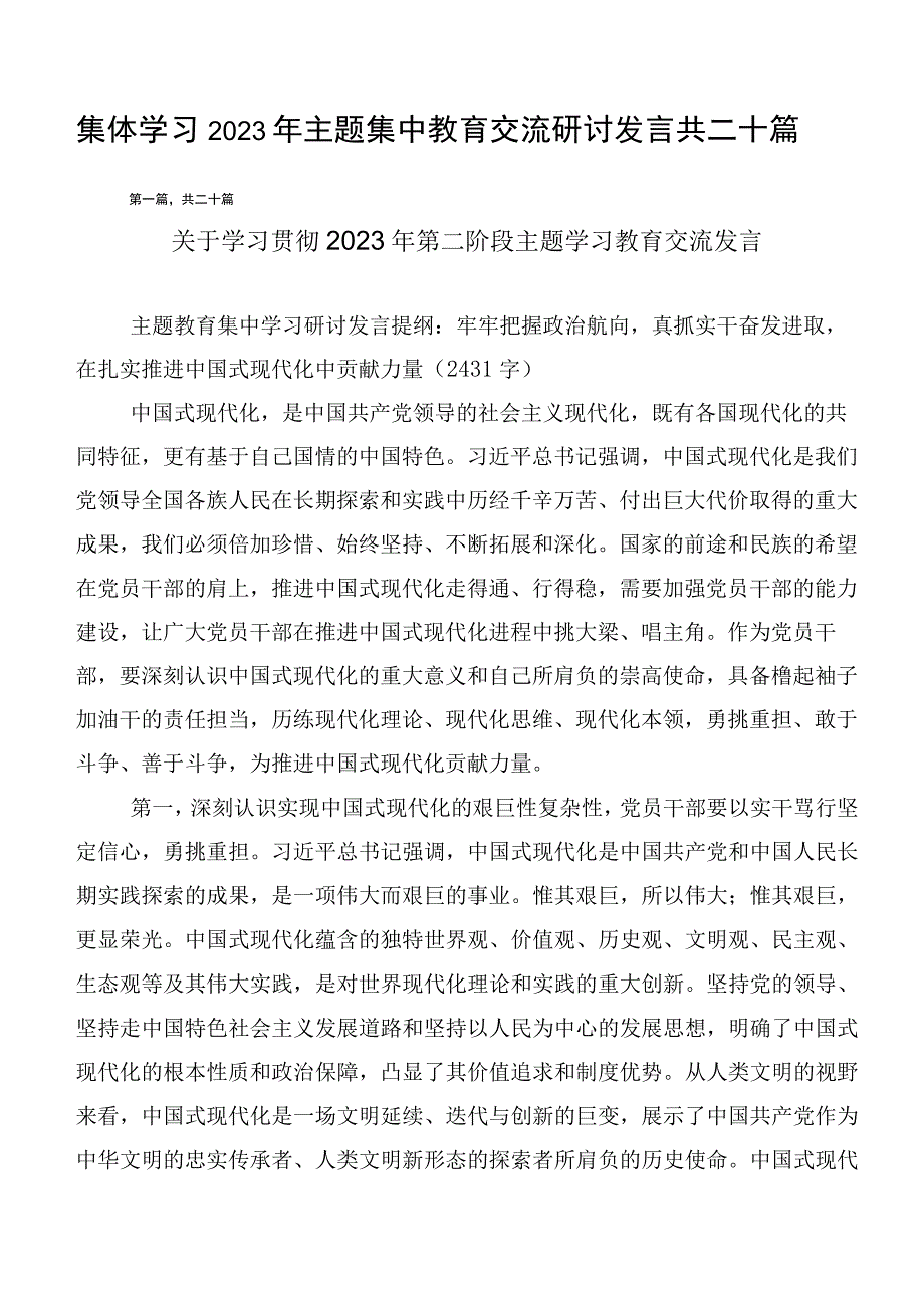 集体学习2023年主题集中教育交流研讨发言共二十篇.docx_第1页