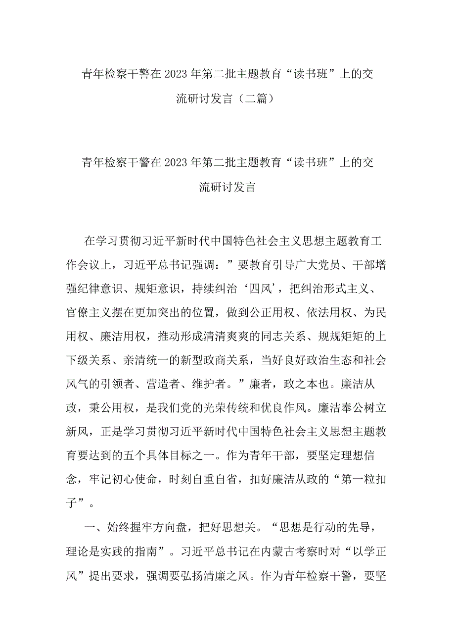 青年检察干警在2023年第二批主题教育“读书班”上的交流研讨发言(二篇).docx_第1页