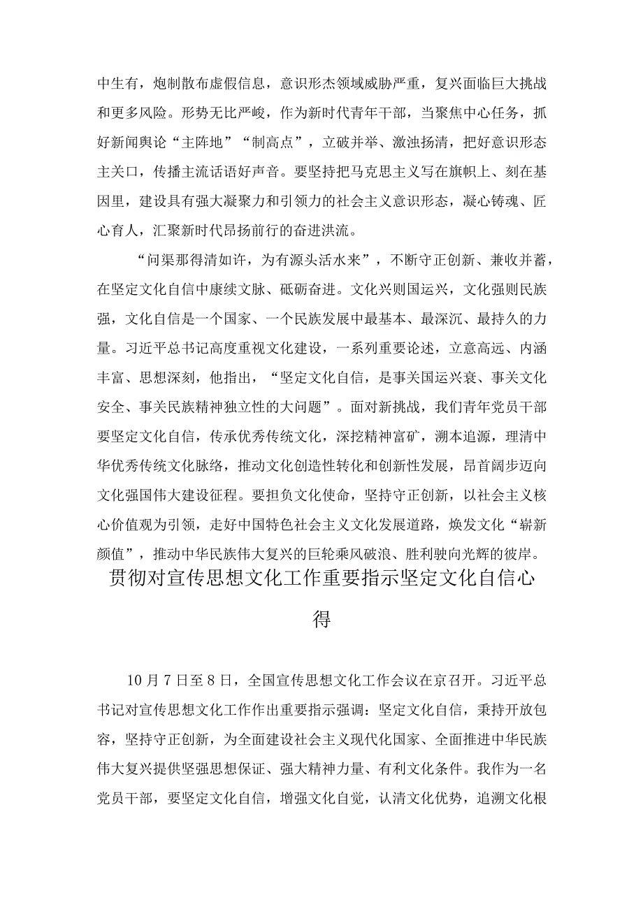 （5篇）青年干部学习对宣传思想文化工作重要指示心得体会（在2023年读书班上的研讨交流发言稿）.docx_第2页